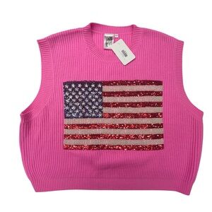 Queen of Sparkles Neon Pink American Flag Sweater Large S Sleeveless Knit Top